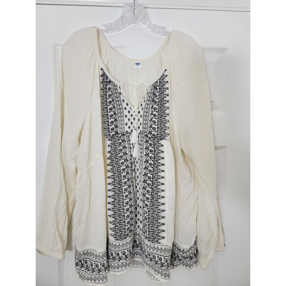 Old Navy NWOT Peasant Top 100% Viscose Cream And Black Size L Oversized - Picture 1 of 11